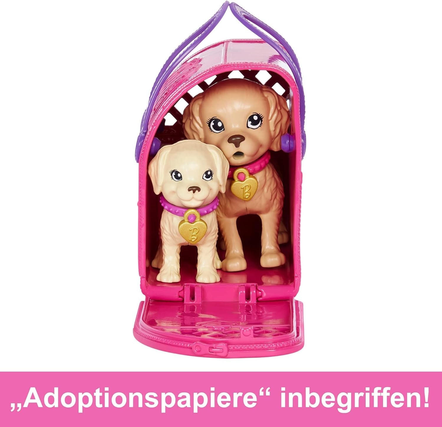 Adopción Barbie Puppy - Muñeca y 2 cachorros, con certificados de adopción, efecto de cambio de color, jaula y accesorios, para niños a partir de 3 años, HKD 86