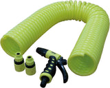 Amig - Turún | Espiral | 15 metros | Incluye 4 accesorios | Con pistola de riego, adaptador para grifo y 2 enchufes rápidos | Goma EVA | Verde pistacho