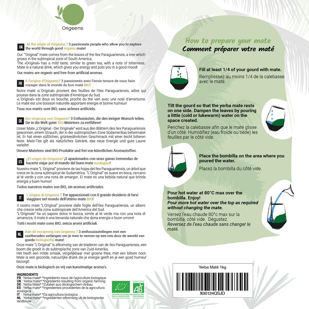 ORIGEENS BIO YERBA MATE TÉ 1 KG - El Original I Sin tostar, hojas, sin tallos, polvo ni migas I Bebida energizante y desintoxicante