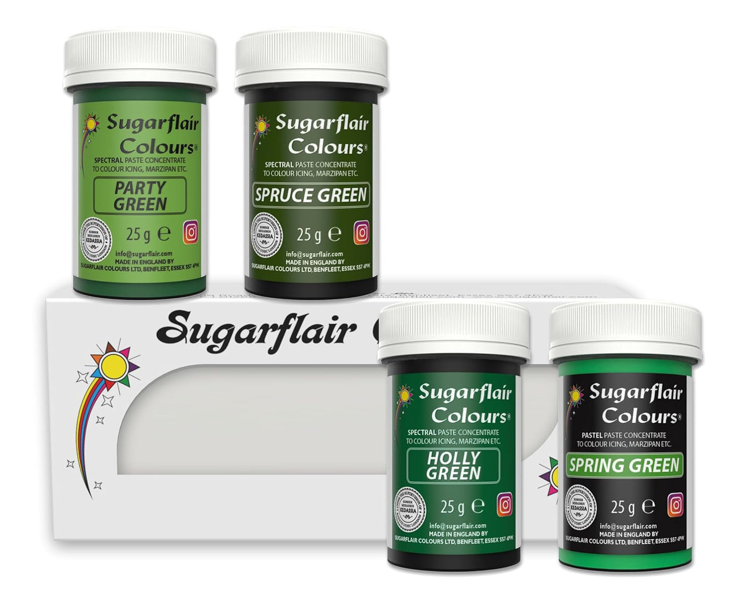 Colorante alimentario para pasta Sugarflair, verde, juego de 4, colorante alimentario para pasta, fondant, mazapán, pasta de azúcar, crema de mantequilla y más: verde Ilex, verde primavera, verde abeto, verde fiesta - Juego de 4