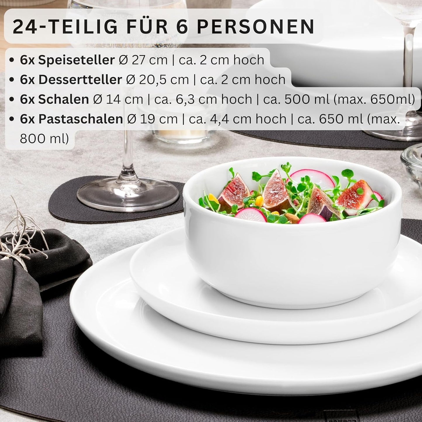 SANGER | Marlo Vajilla Blanca de 24 Piezas Vajilla para 6 con Platos de Postre, Platos Llanos, Cuencos y Cuencos de Cereal Juego de Platos Llanos de Porcelana Vajilla Diseño Moderno COLECCIÓN PREMIUM