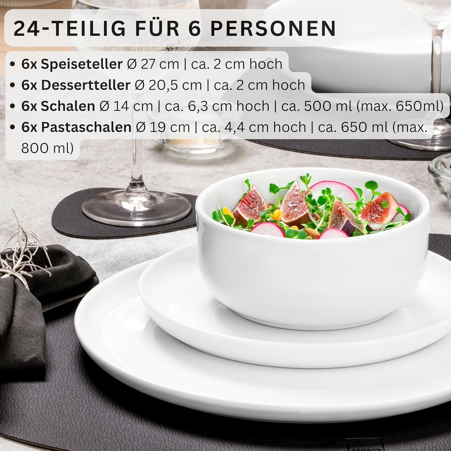 SANGER | Marlo Vajilla Blanca de 24 Piezas Vajilla para 6 con Platos de Postre, Platos Llanos, Cuencos y Cuencos de Cereal Juego de Platos Llanos de Porcelana Vajilla Diseño Moderno COLECCIÓN PREMIUM
