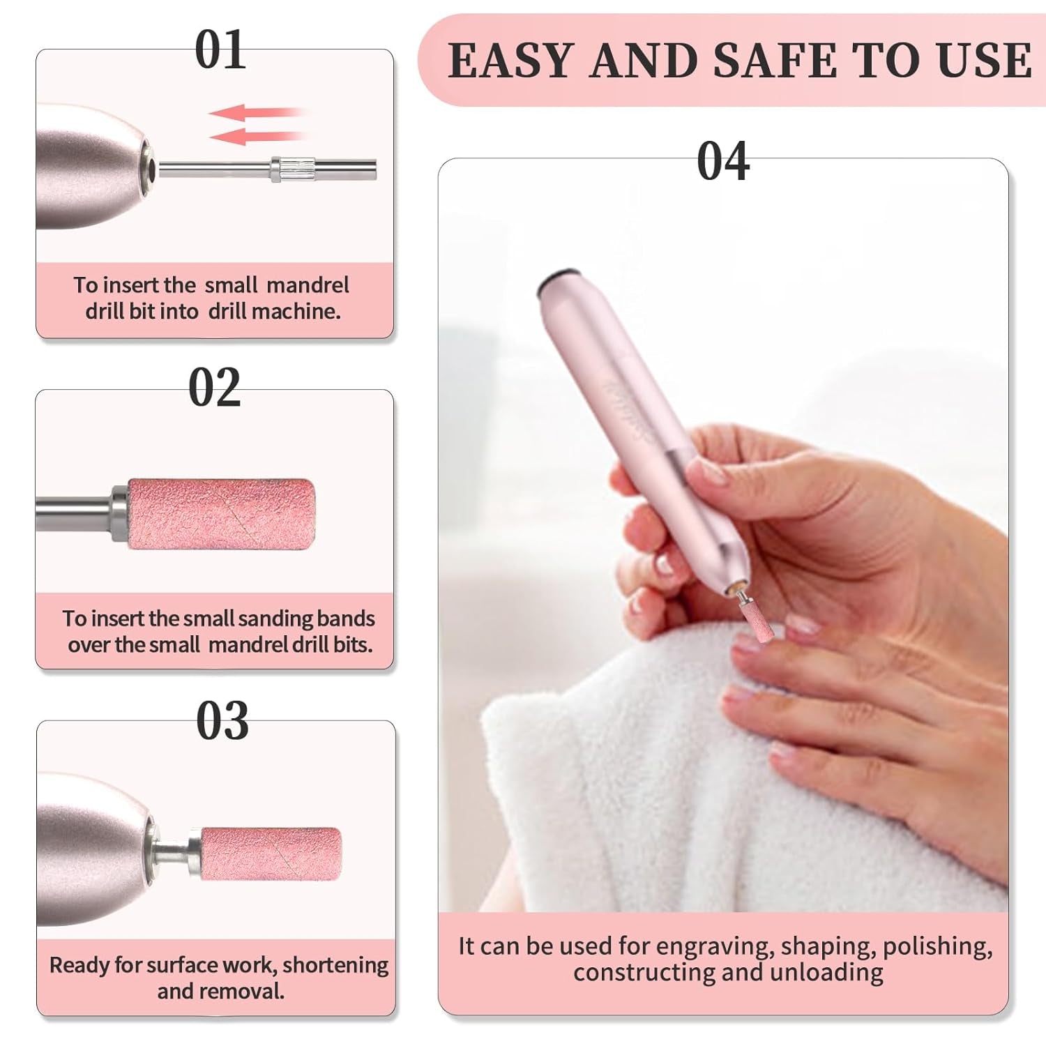 BLESWIN 100 correas de lijado pequeñas para brocas de uñas, grano fino 240 con 2 brocas de 0.118 in, mini correas de lijado para pulir uñas naturales y limpiar cutículas para preparación, rosa