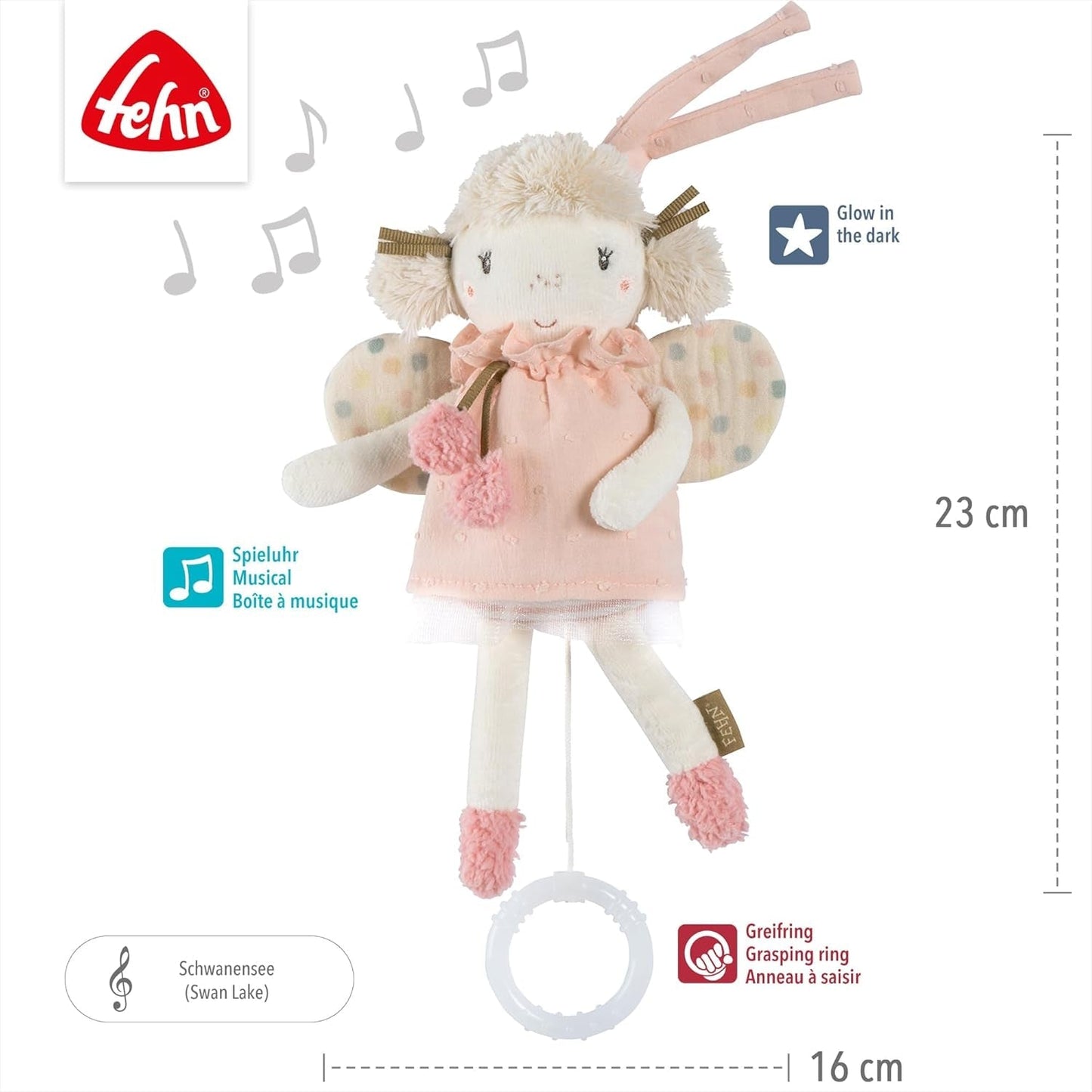 Fehn mini caja de música hada - peluche y ayuda para dormir: caja de música de cuerda con la suave melodía "El lago de los cisnes" que calma en cualquier situación - para bebés y niños pequeños a partir de 0 meses Juguetes Bebe Naty Shop