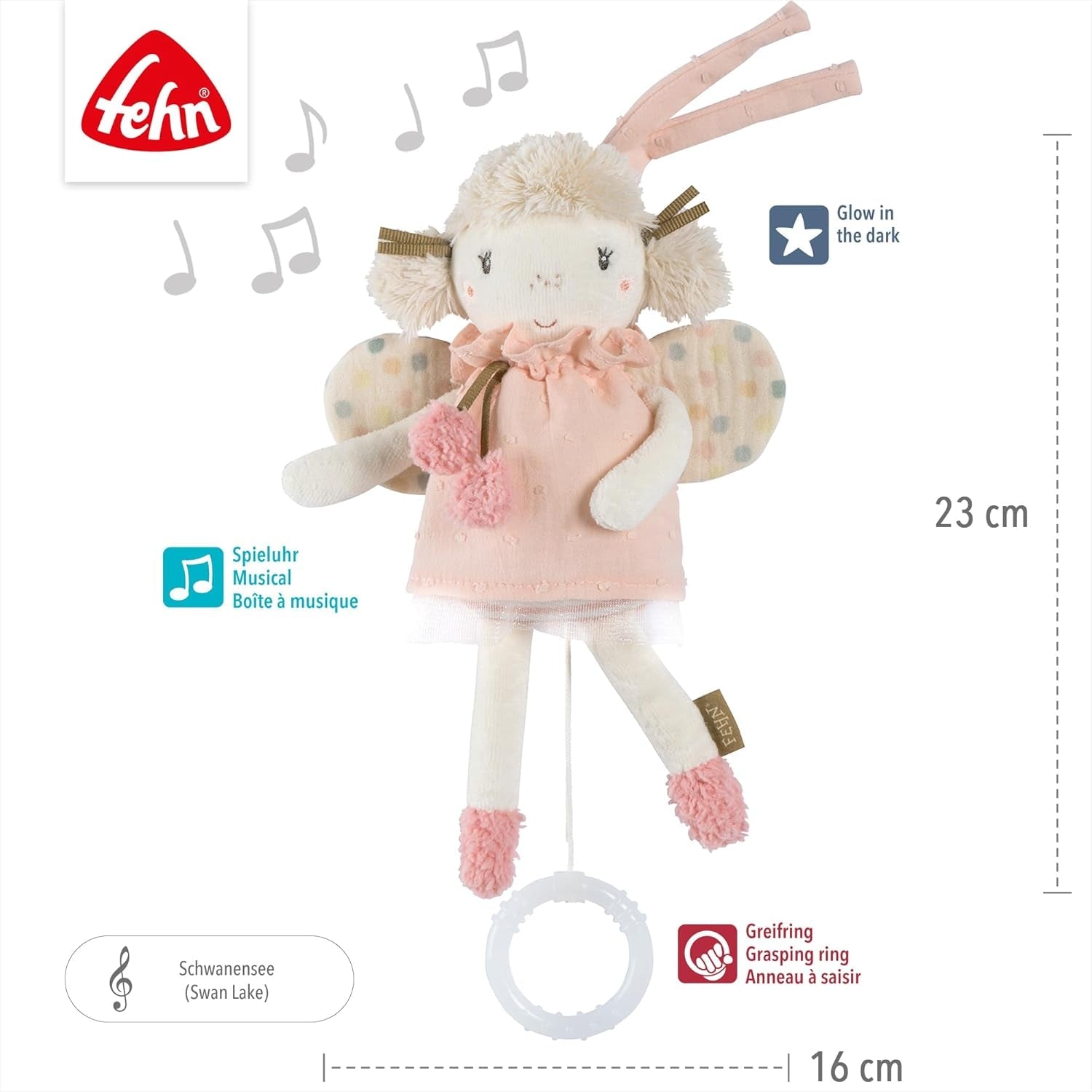 Fehn mini caja de música hada - peluche y ayuda para dormir: caja de música de cuerda con la suave melodía "El lago de los cisnes" que calma en cualquier situación - para bebés y niños pequeños a partir de 0 meses Juguetes Bebe Naty Shop