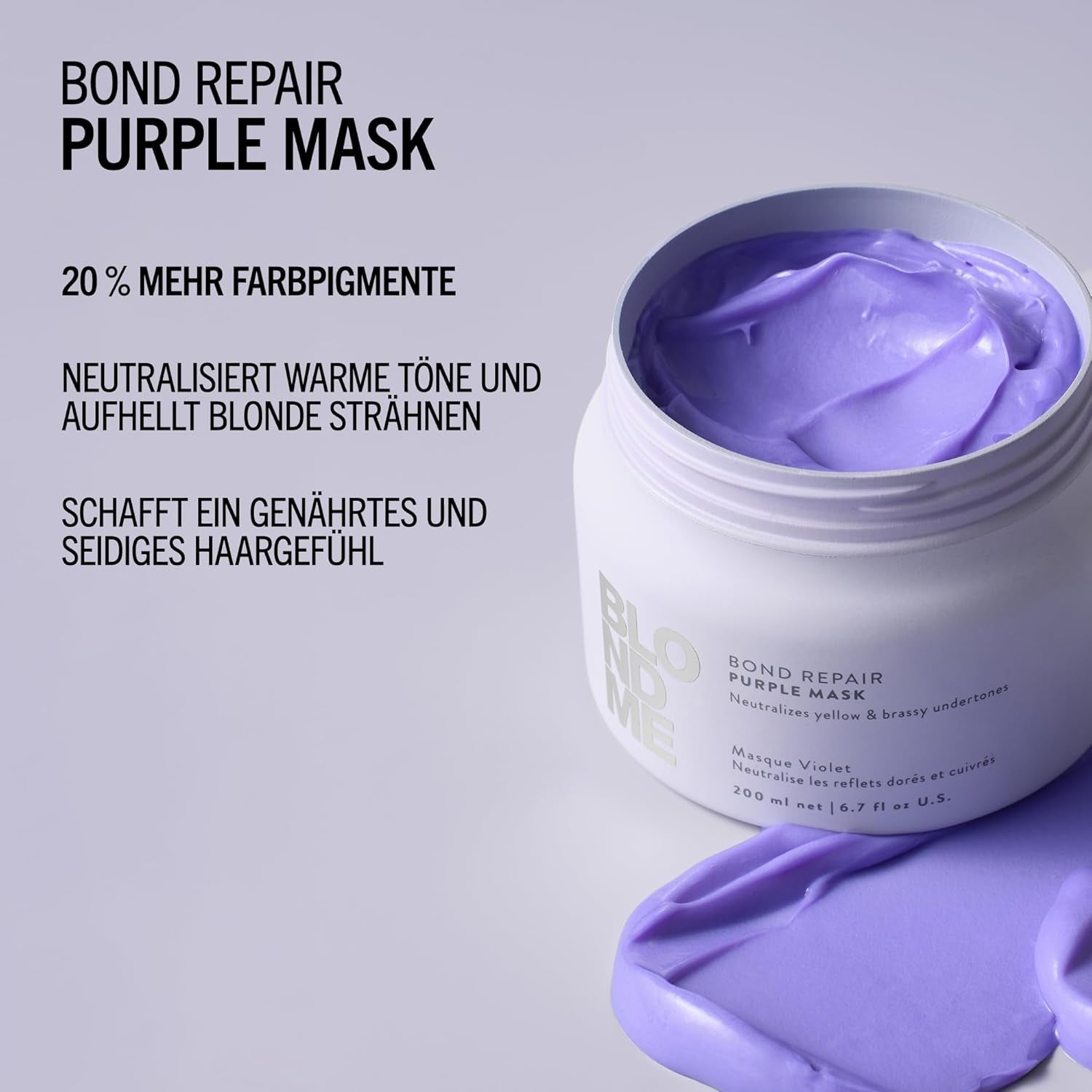 Schwarzkopf Professional BLONDME Bond Repair Purple Mask Mascarilla para cabello frío Neutraliza los tonos amarillos para cabellos teñidos, decolorados y claros Acondicionador profundo y fortalecedor 200 ml Mascarilla capilar Naty Shop