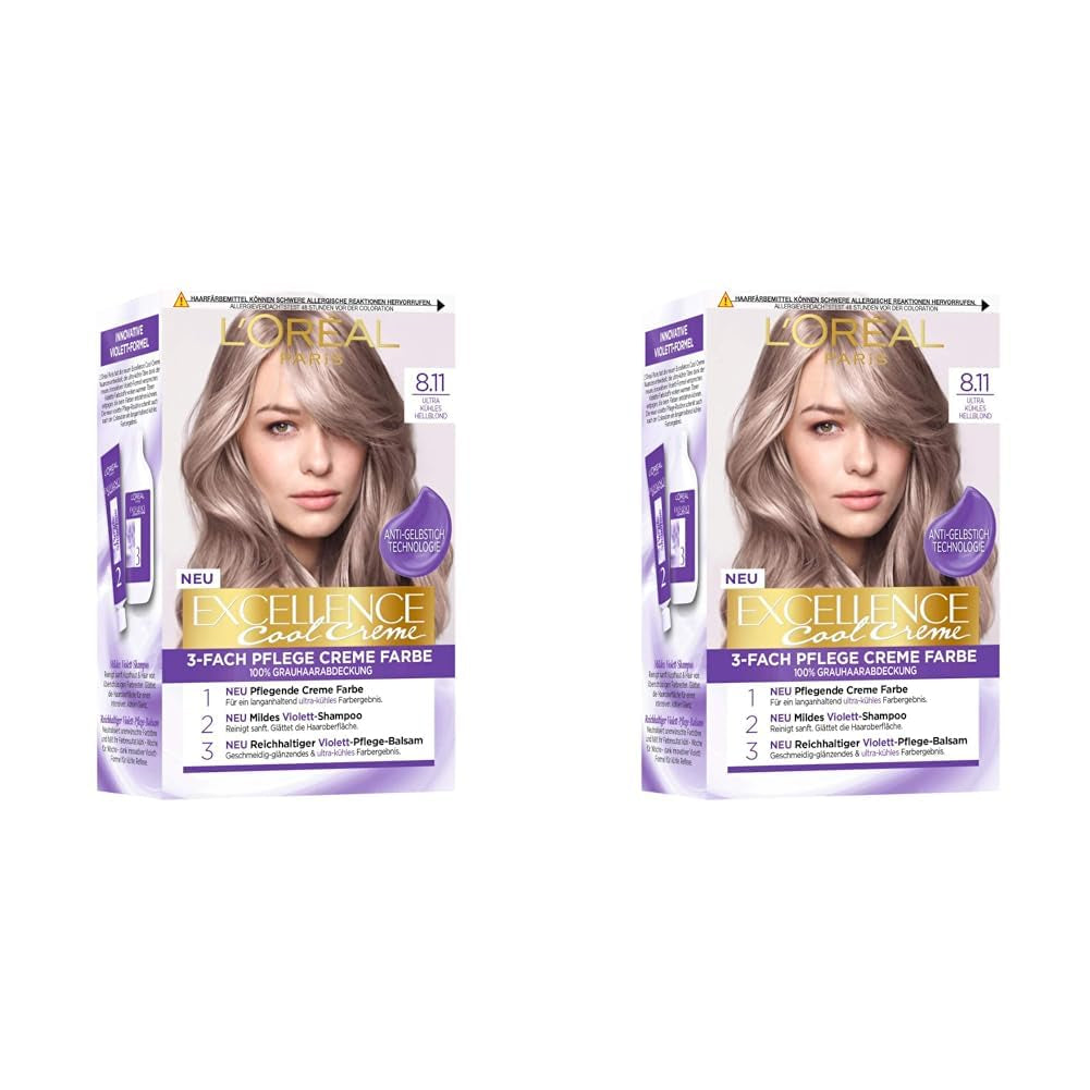 L'Oréal Paris Permanent Hair Color Color Result, cobertura 100% de canas, set con tinte, champú y crema de cuidado, Excellence Cool Creme, N° 8.11 Rubio Claro Ultra Frío (Rubio) (2 Pack) Naty Shop Hair Dye Default Title