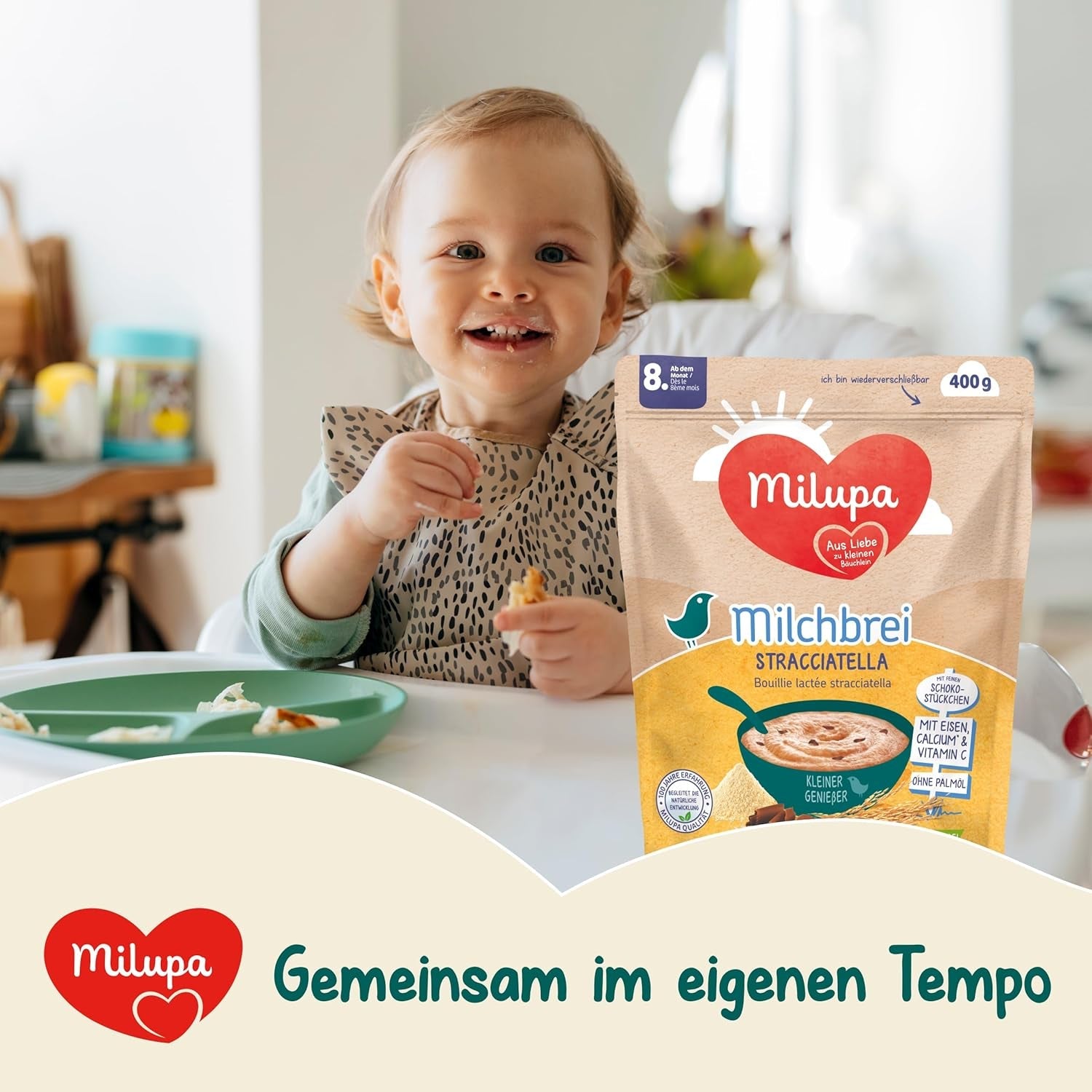 Papilla de Leche Milupa Stracciatella - Cereal para bebés sin gluten y sin aceite de palma - Sin conservantes ni colorantes - A partir de 8 meses - 4 x 400 g