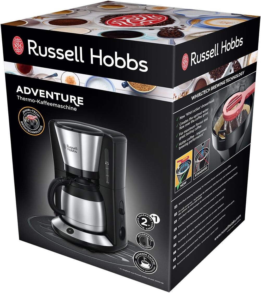 Cafetera Russell Hobbs [Cabezal de ducha para una óptima extracción y aroma] Adventure (1 a 8 tazas, Jarra Térmica de 1,0 L, Apagado Automático, Sistema Antigoteo, 1100W) Cafetera de Filtro 24020-56