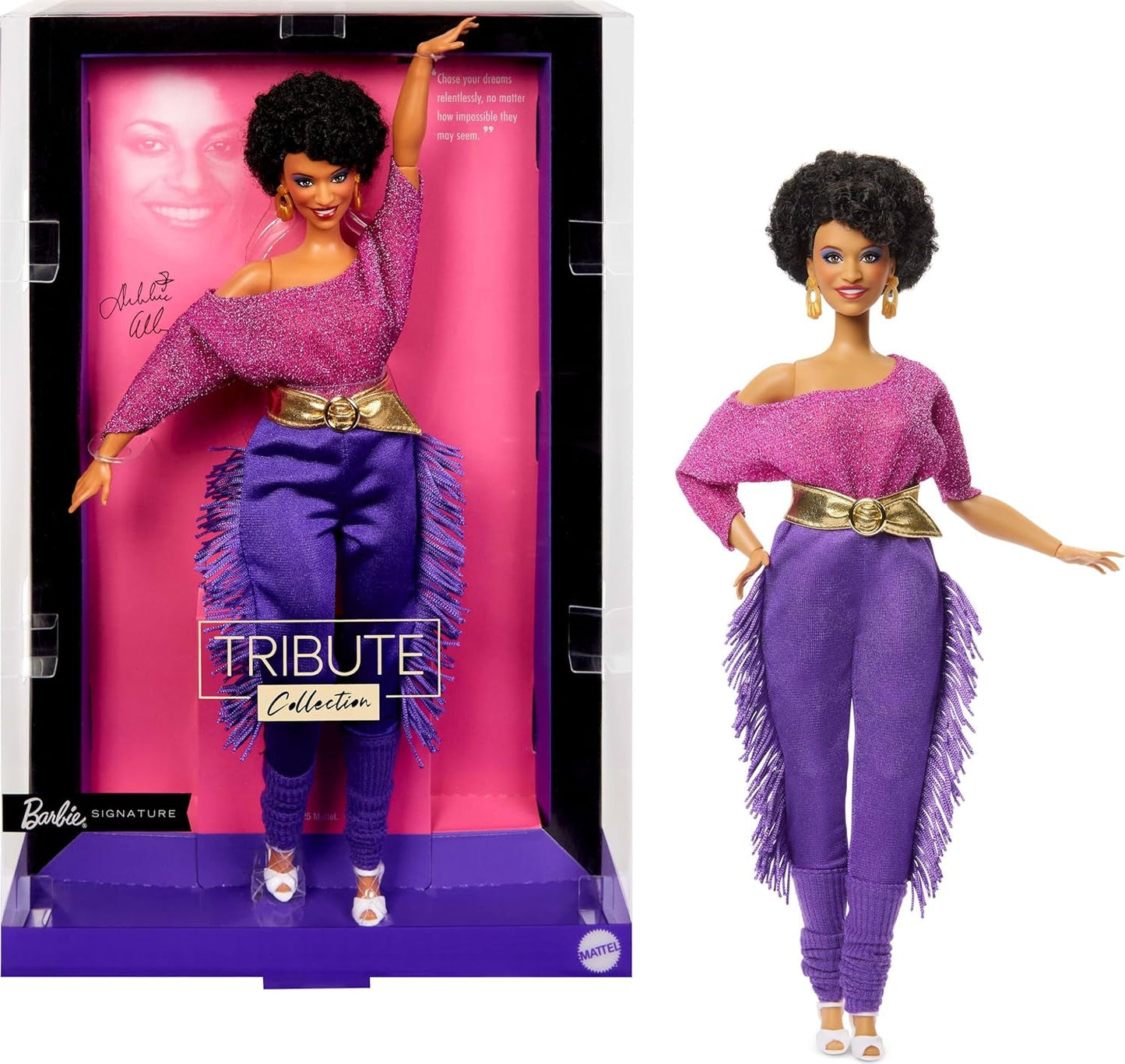 Muñeca Barbie Signature Debbie Allen Tribute Collection con top con hombros descubiertos, cinturón dorado y pantalones y leggings con flecos morados, JBJ24