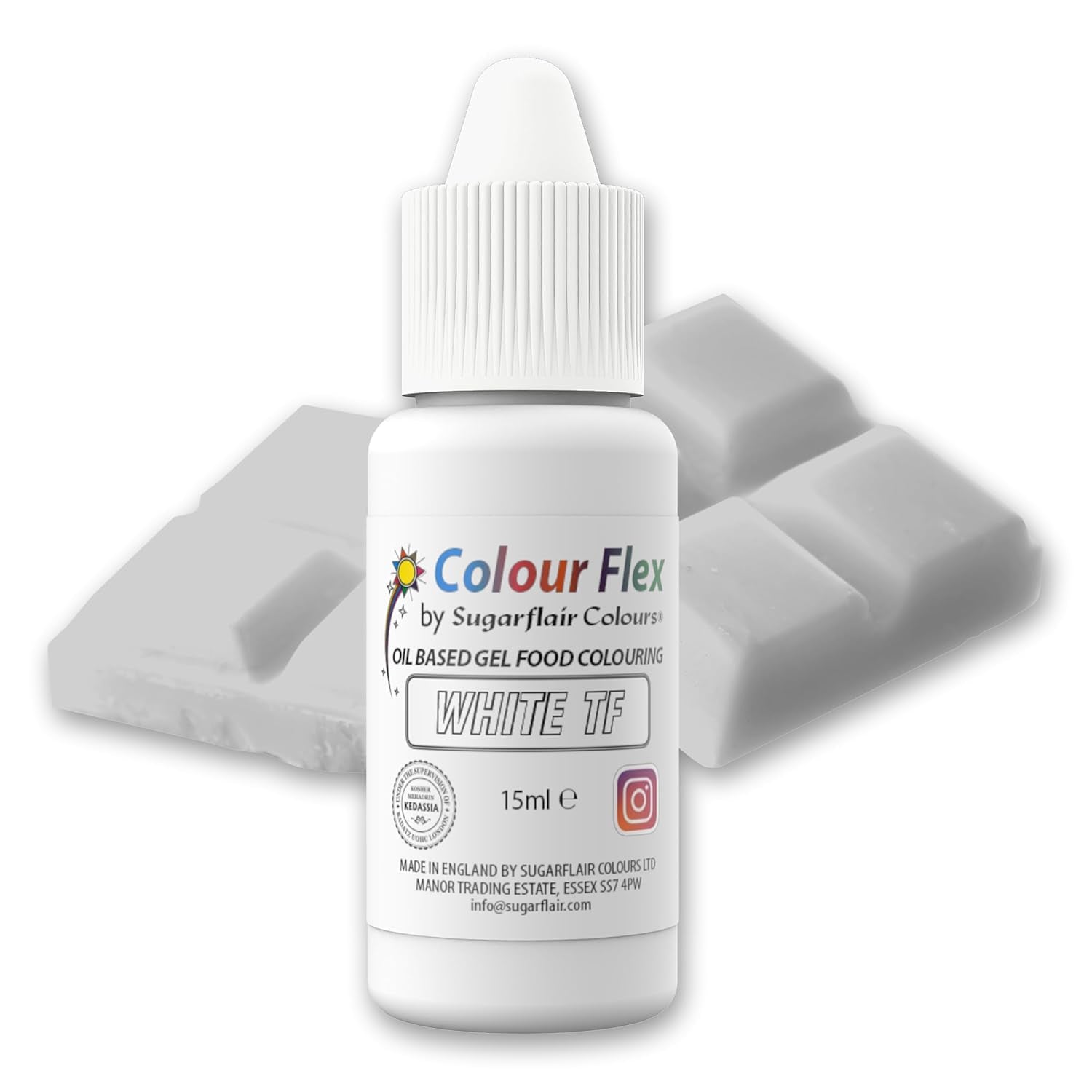Sugarflair Colourflex Color alimentario a base de aceite blanco, colorante alimentario líquido altamente concentrado, colorante alimentario para crema de mantequilla, chocolate, masa, fondant, glaseado y más - 15 ml