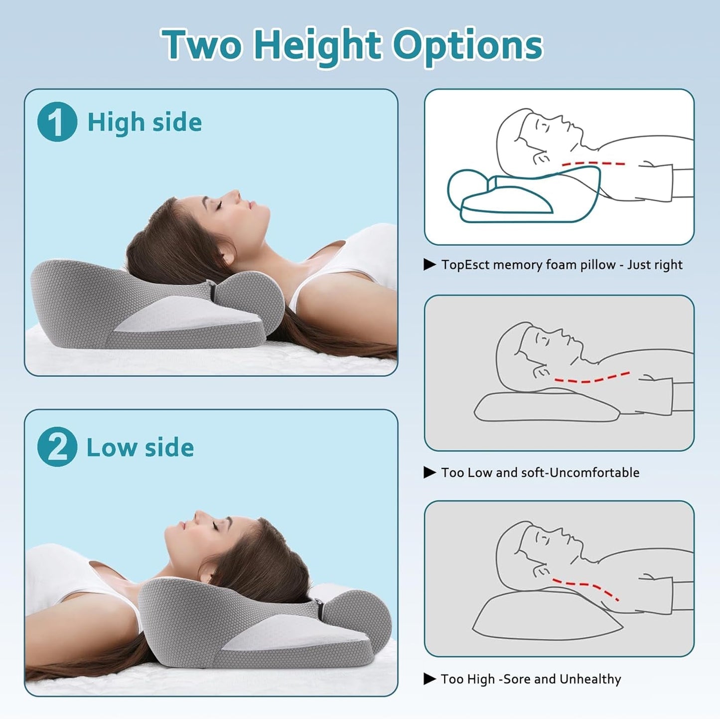 TopEsct Almohada de espuma viscoelástica, almohada para dormir de lado, almohada para el cuello, almohada para la cabeza para personas que duermen de lado y boca arriba (gris)