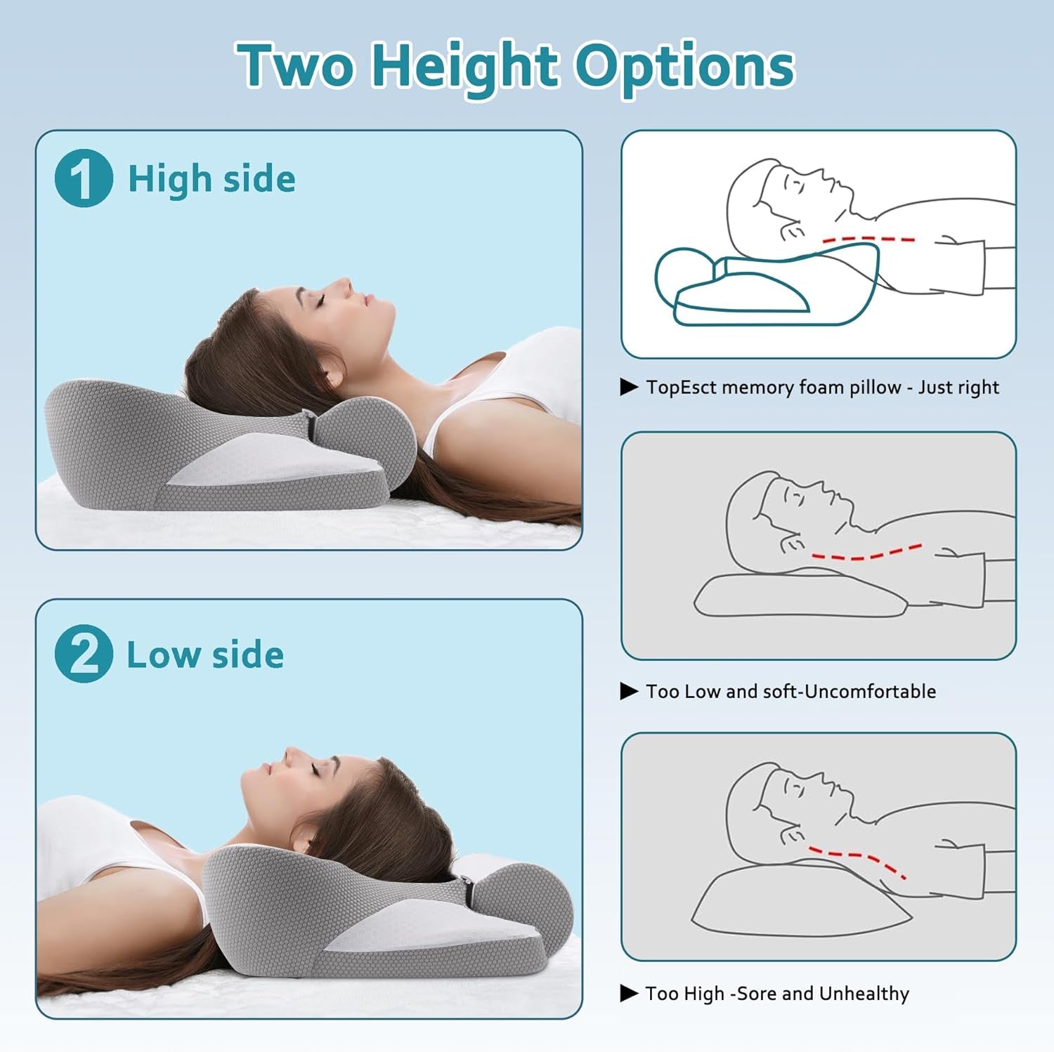 TopEsct Almohada de espuma viscoelástica, almohada para dormir de lado, almohada para el cuello, almohada para la cabeza para personas que duermen de lado y boca arriba (gris)