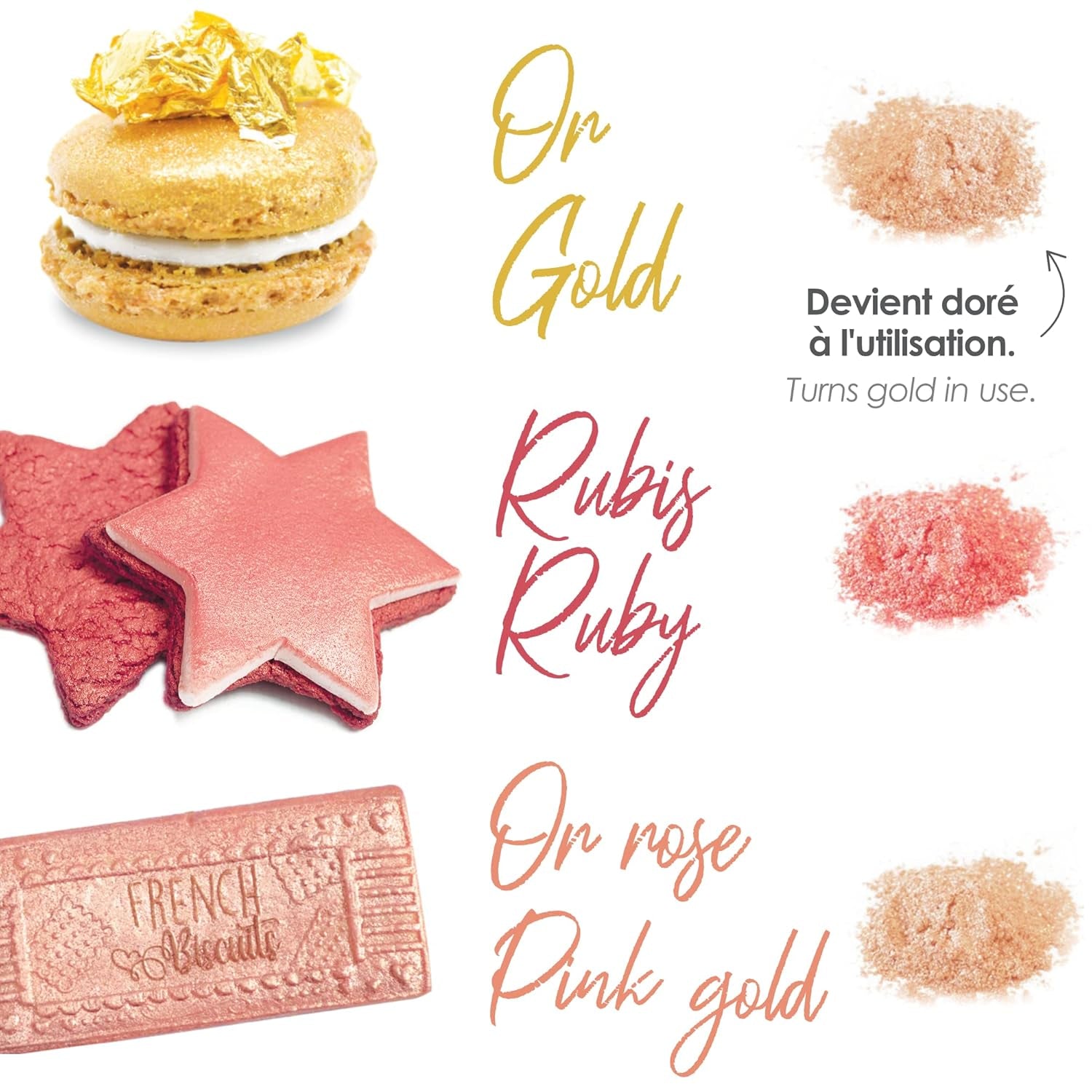 Scrapcooking - Juego de 3 colorantes alimentarios metálicos - Colorante alimentario: oro, oro rosa y rubí - Colorante alimentario comestible para hornear, pasteles, galletas, tartas, chocolate - 4019