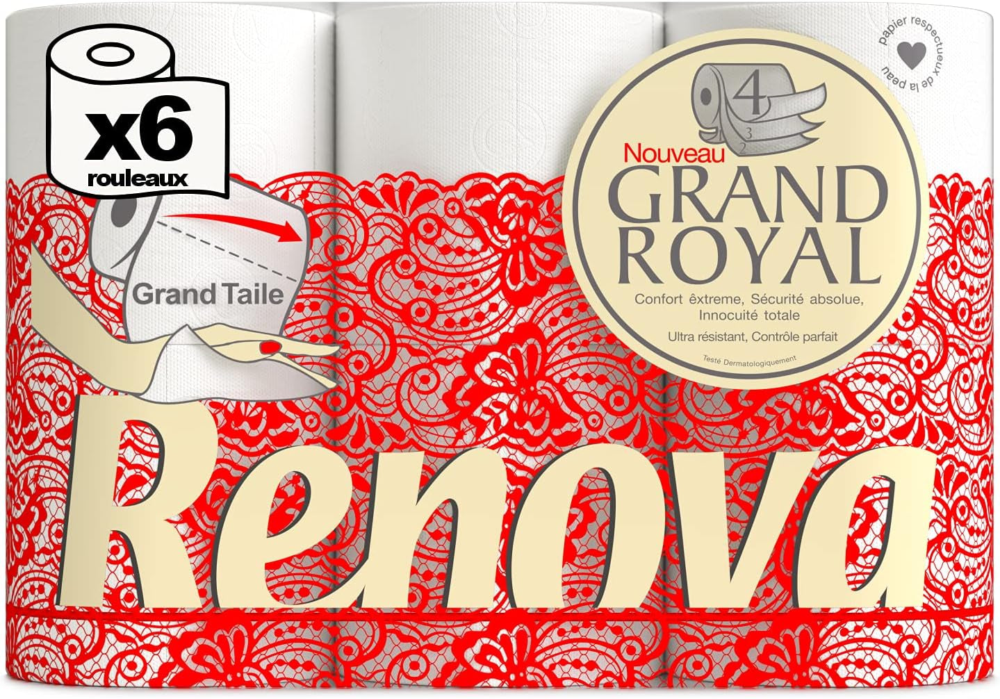 Papel higiénico Renova Renova Grand Royal 4 capas - 6 rollos, Grande (paquete de 5)