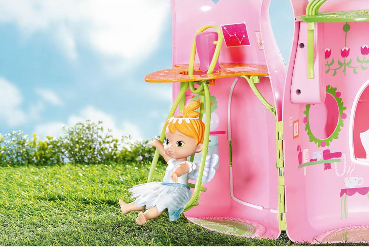 BABY Born Storybook Cottage, Casa de muñecas plegable para muñecas de 18 cm con mesa, chimenea, chaise longue y telescopio, rosa verde, 833803 Zapf Creation Casas de muñecas Naty Shop