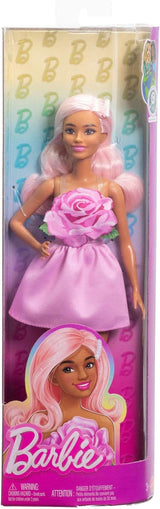 Muñeca Barbie Fashionistas núm. 238 con cabello rosa pastel, vestido palabra de honor con corpiño rosa, pasador de perlas y tacones altos y pasadores, HYT94