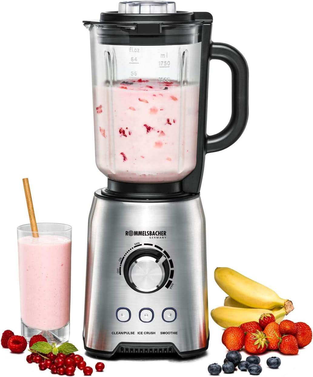 ROMMELSBACHER Batidora de pie MX 1250-22.000 U/Min, Stufenlose Drehzahlregulierung, Funktionsstasten (Smoothie, Clean/Pulse, Ice Crush), Glaskrug, Edelstahlgehäuse, Spezialmesser, 1200 Watt Cocina Naty Shop