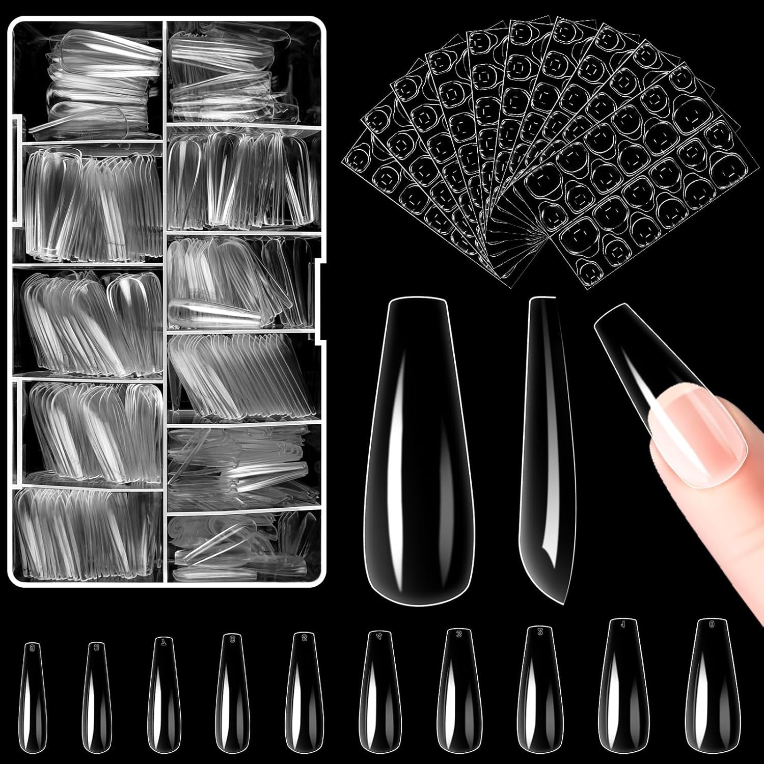 Alyvisun Puntas de uñas de ballet, 500 piezas de puntas de uñas acrílicas de cobertura completa con 240 piezas de pegatinas para uñas, 10 tamaños de puntas de uñas de gel transparente puntas de uñas de gel suave puntas de uñas de bailarina