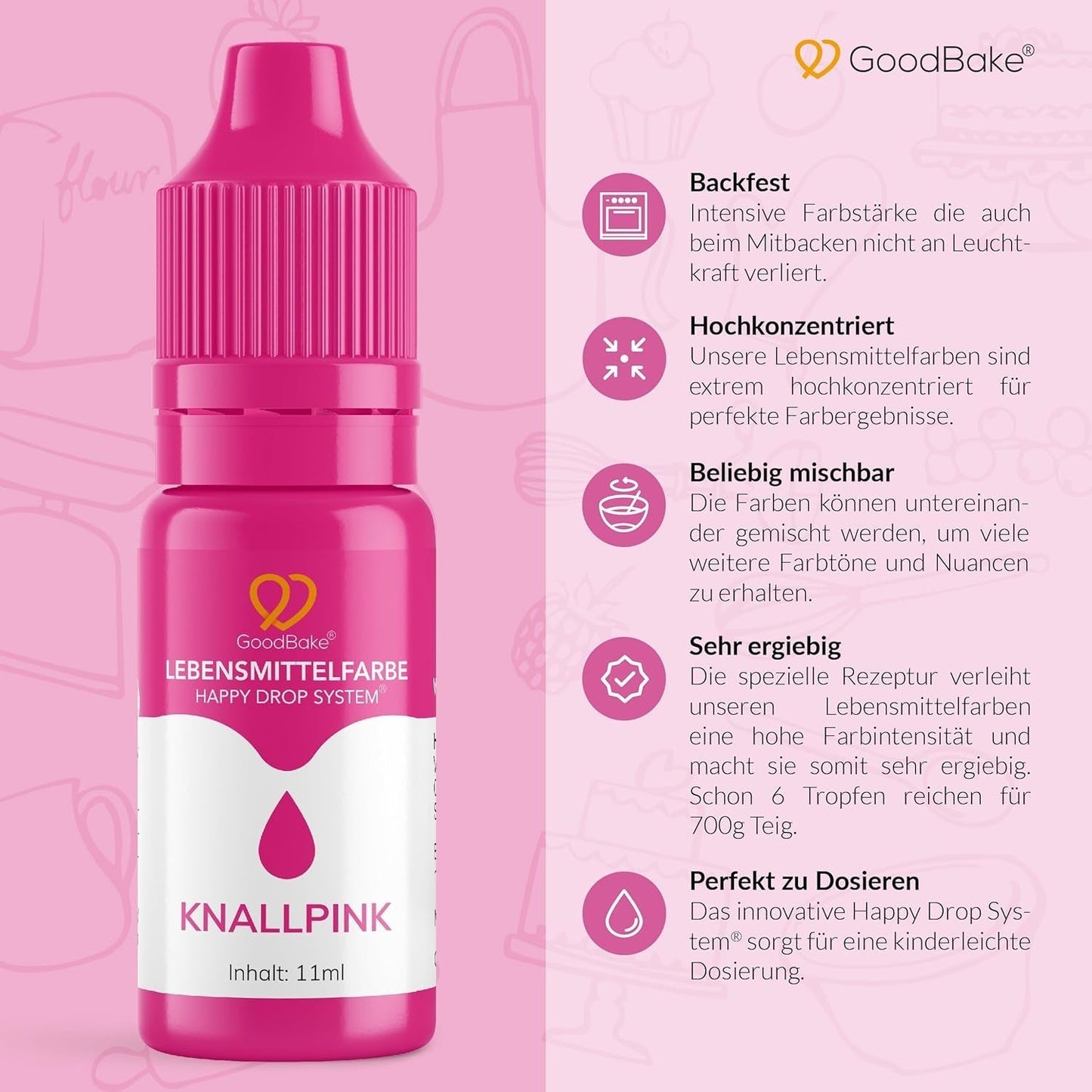 Colorante alimentario rosa Goodbake (11 ml) - Colorante alimentario intenso - Color muy concentrado - Para colorear pasteles, fondant, crema de mantequilla, bebidas, limo y muchos otros artículos. 100% vegano