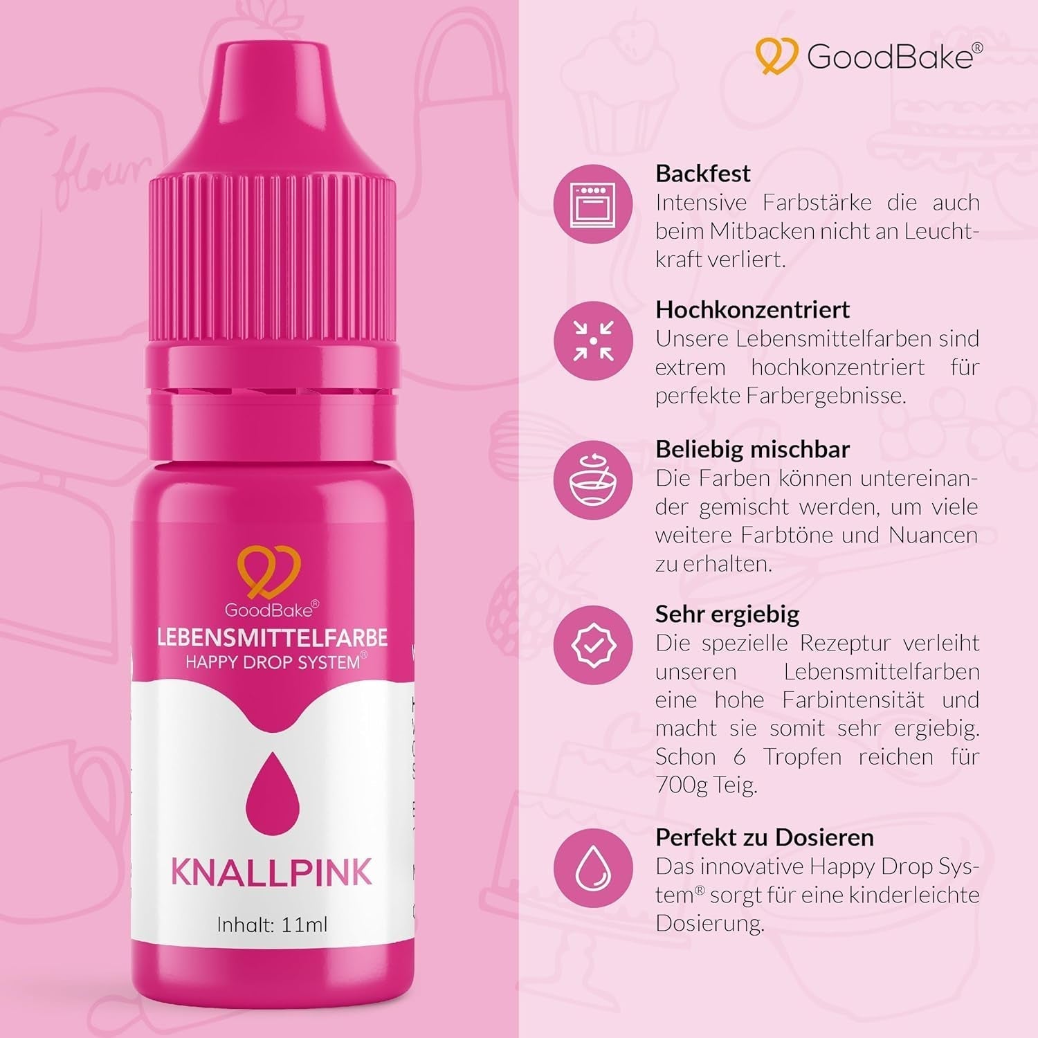Colorante alimentario rosa Goodbake (11 ml) - Colorante alimentario intenso - Color muy concentrado - Para colorear pasteles, fondant, crema de mantequilla, bebidas, limo y muchos otros artículos. 100% vegano