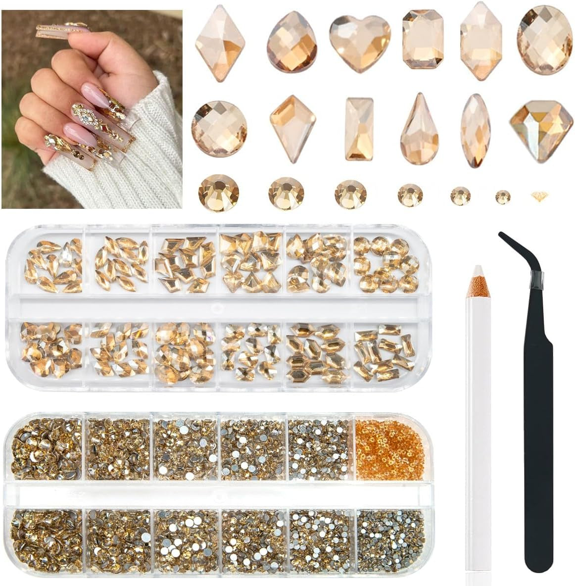 2630 piedras brillantes de cristal AB para uñas, 120 12 tipos de piedras brillantes grandes + 2510 6 tamaños de piedras redondas de cristal K9 para uñas, diamantes de imitación, diseños de uñas, dijes de uñas para arte facial