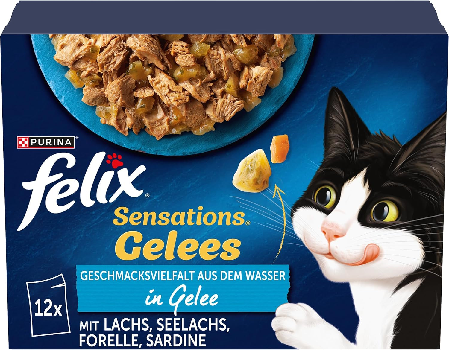 Felix Sensations Comida húmeda para gatos en gelatina, mezcla de pescado variada, paquete de 6 (6 x 12 sobres de 85 g cada uno)
