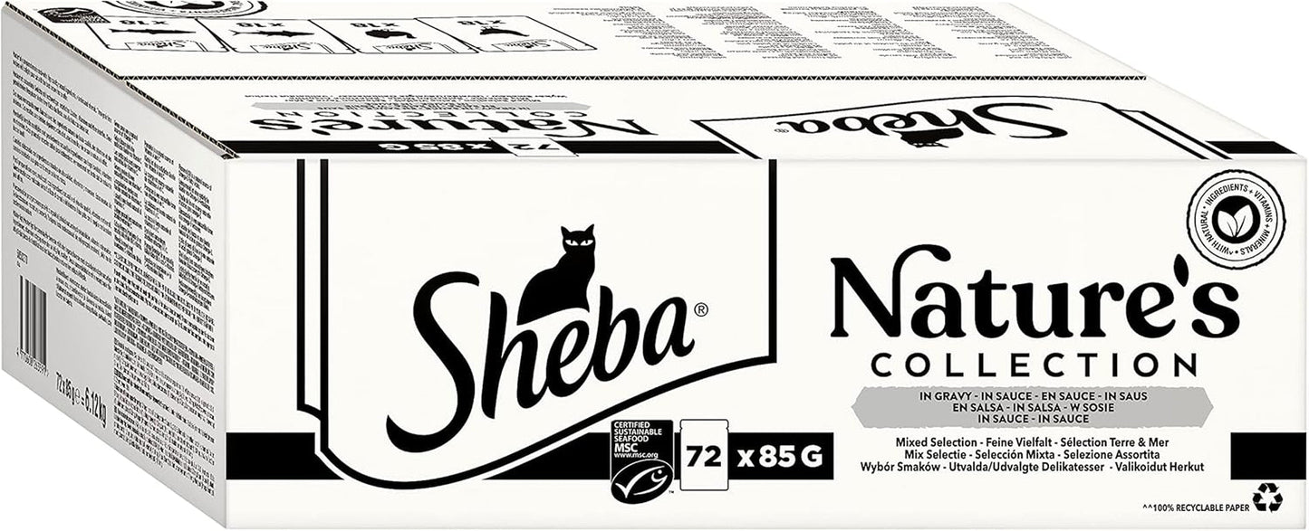 SHEBA Nature's Collection en salsa - Alimento húmedo para gatos de alta calidad, variedad fina (MSC) en sobres porcionados - 72 x 85 g