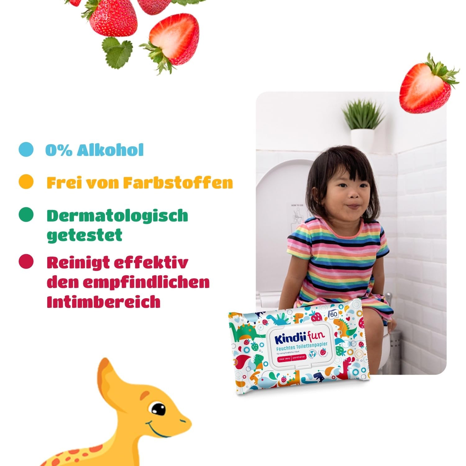 Kindii Fun Papel Higiénico Húmedo - (10X60 piezas) Papel Higiénico Húmedo - Manzanilla, Aloe Vera, Ph-Neutro, Hidrable, Refresca la zona íntima - 600 piezas
