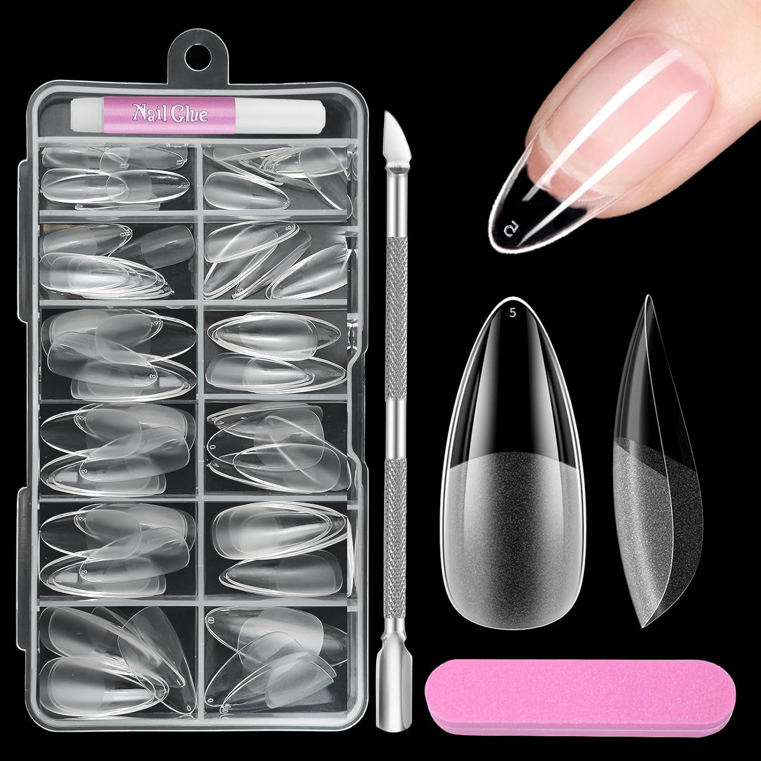 Uñas cortas de cubierta completa, 120 piezas, 12 tamaños, puntas de uñas cortas para uñas de gel, pegamento en uñas artificiales, pegamento en lima de uñas, pulidor de uñas, empujador de cutículas