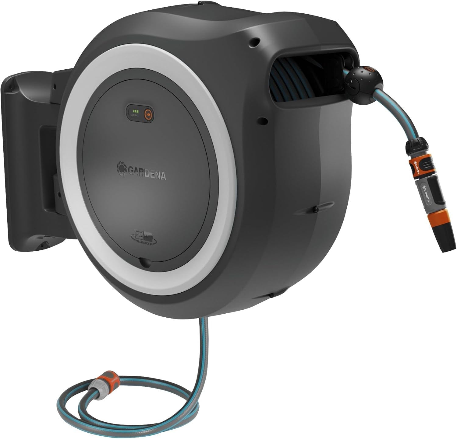 Gardena PowerRoll XXL Solo Caja de manguera de pared inalámbrica: Enrollador de manguera automático con manguera de jardín de 40 m, guía de manguera y RollControl, funciona con pilas, resistente a los rayos UV y a las heladas (18647-55)