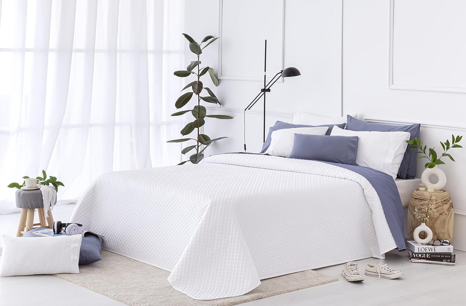 Todocama Fine Boutique Colcha con estampado de piqué, para primavera, verano, otoño e invierno, 100% microfibra súper suave, manta multifuncional, 140/150/160-250 X 260 cm, gris claro Camas y Mantas Beuche den Todocama-Store Blanco 250 X 260 Cm