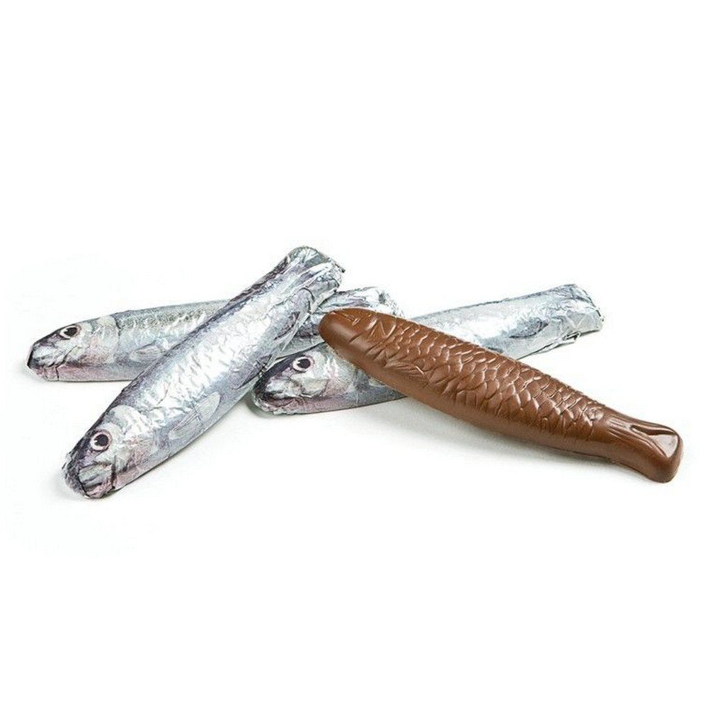 Sardinas con chocolate - enlatadas - cinco pescados con chocolate | Regalo divertido de chocolate | Pescado chocolateado | Figuras de peces | sin alcohol