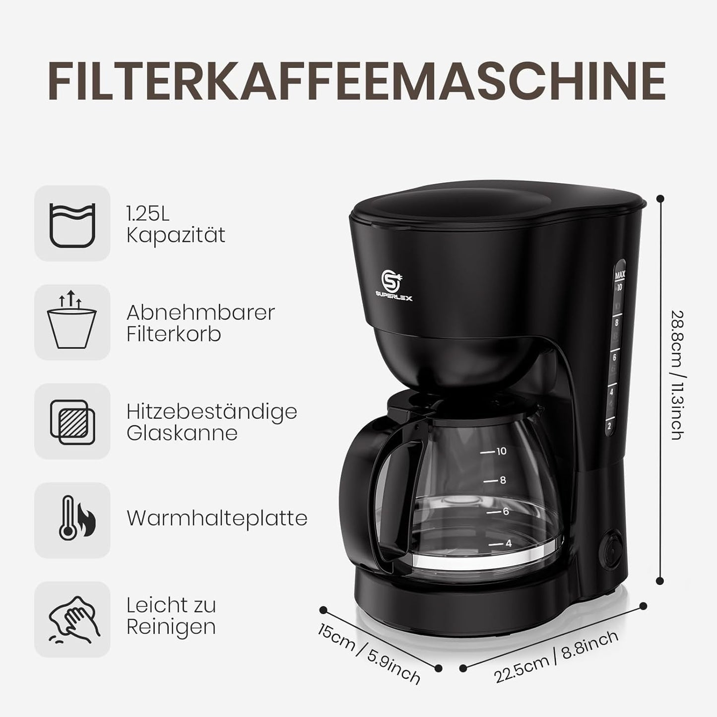 Cafetera de filtro de 1,25 L para 10 tazas de café filtrado, jarra de cristal apta para lavavajillas, termo, sistema antigoteo, apagado automático, 600 W, protección contra ebullición sin agua para el hogar y la oficina