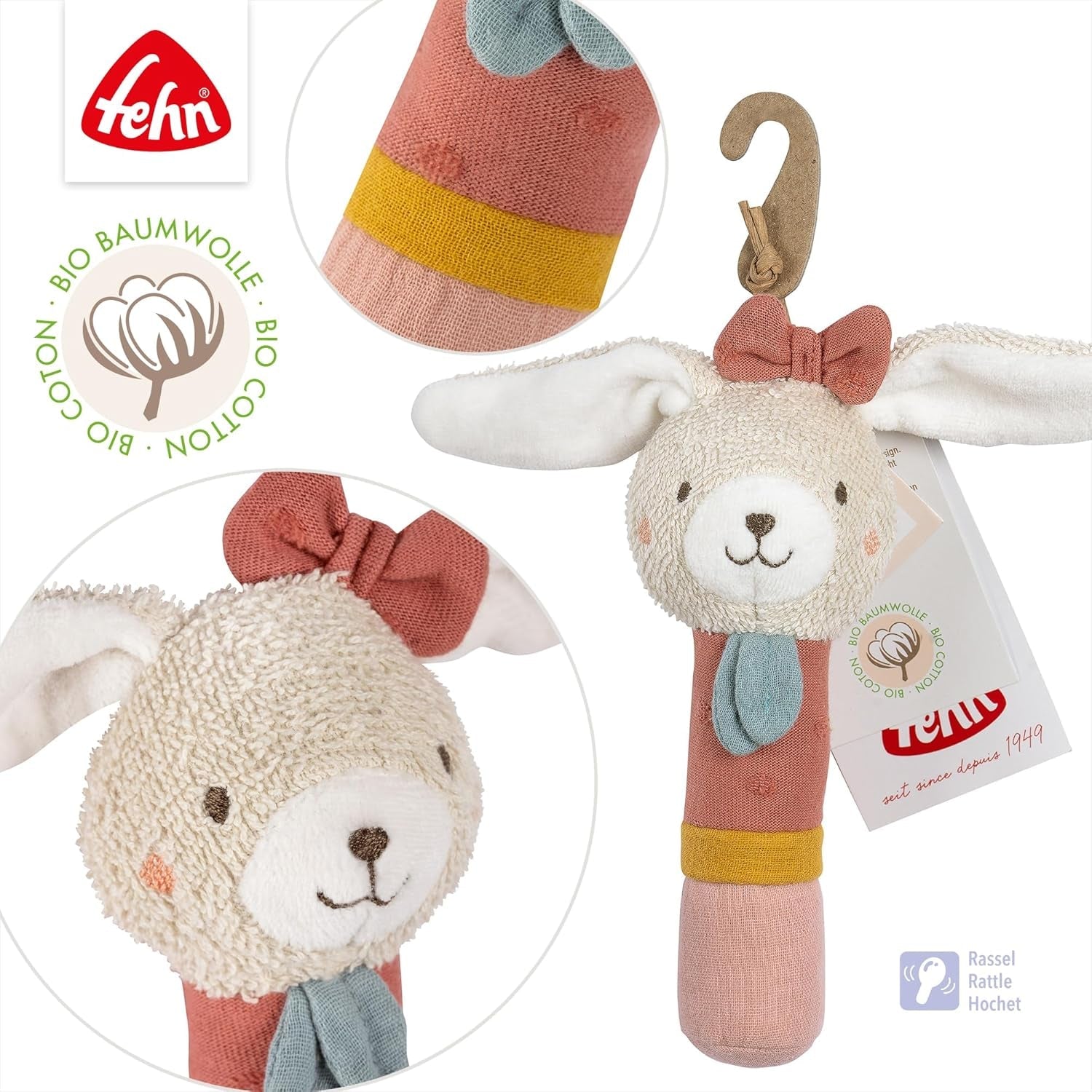 Fehn juguete palo de agarre para niños fehnNatur juguete conejo - juguete de motricidad con sonajero para agarrar, abrazar - juguete de agarre con algodón orgánico - juguete para bebés y niños pequeños a partir de 0 meses Baby Toys Naty Shop