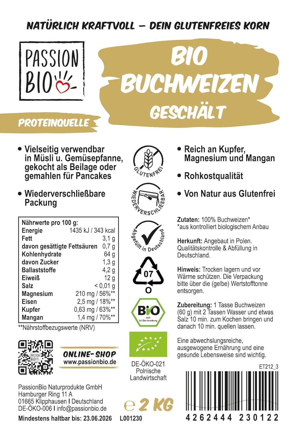 PassionBio trigo sarraceno orgánico 2 kg - envase resellable - calidad alimentaria cruda