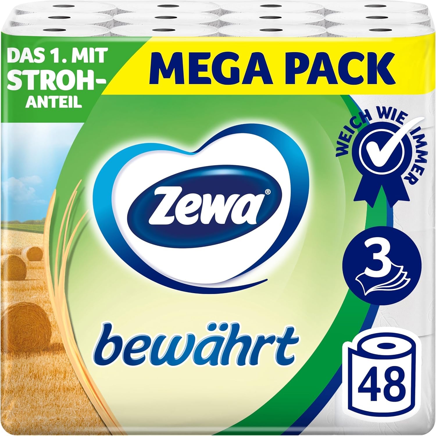 Zewa Proven - 48 rollos - El primer papel higiénico con contenido de paja - 3 capas