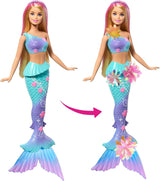 Barbie Meerjungfrauen-Spielzeug Puppe mit magischer Überraschungs Blüte, Schwanzflosse mit Farbverlauf, perlenbesetzten Haarreif und langem blondn Haar mit rosa Strehchen, JDM72
