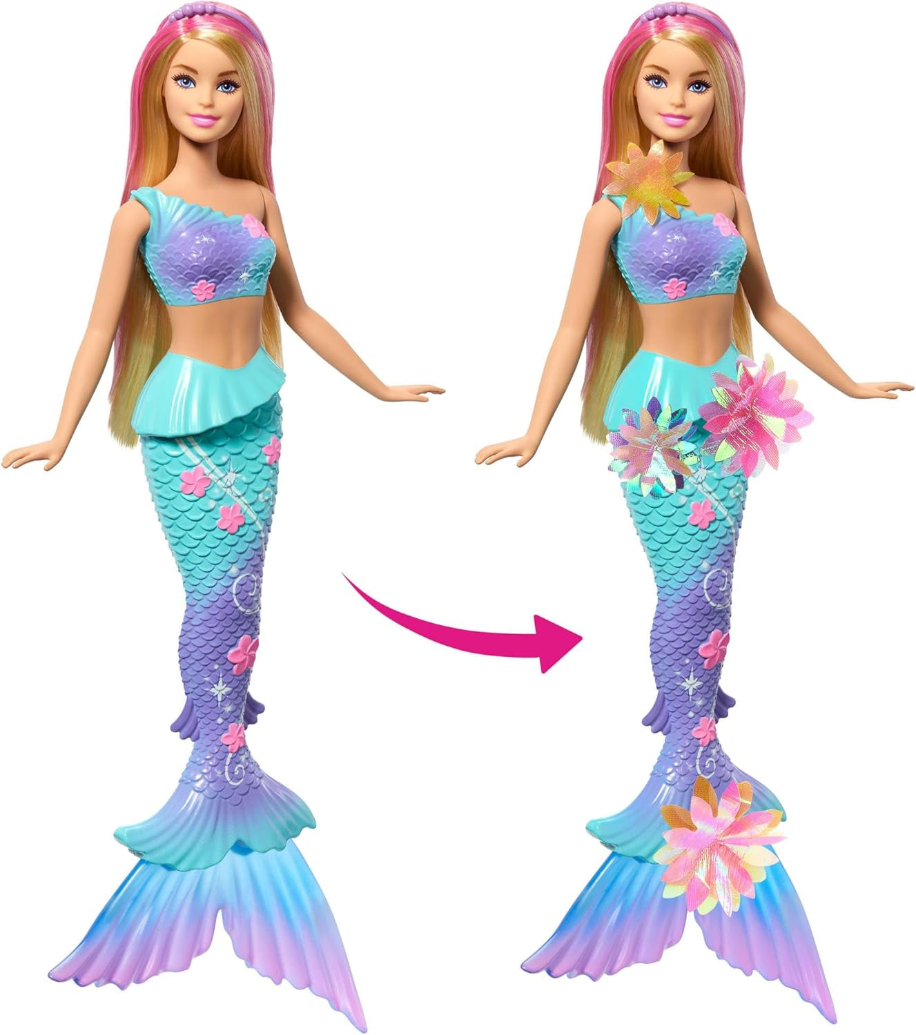 Barbie Meerjungfrauen-Spielzeug Puppe mit magischer Überraschungs Blüte, Schwanzflosse mit Farbverlauf, perlenbesetzten Haarreif und langem blondn Haar mit rosa Strehchen, JDM72