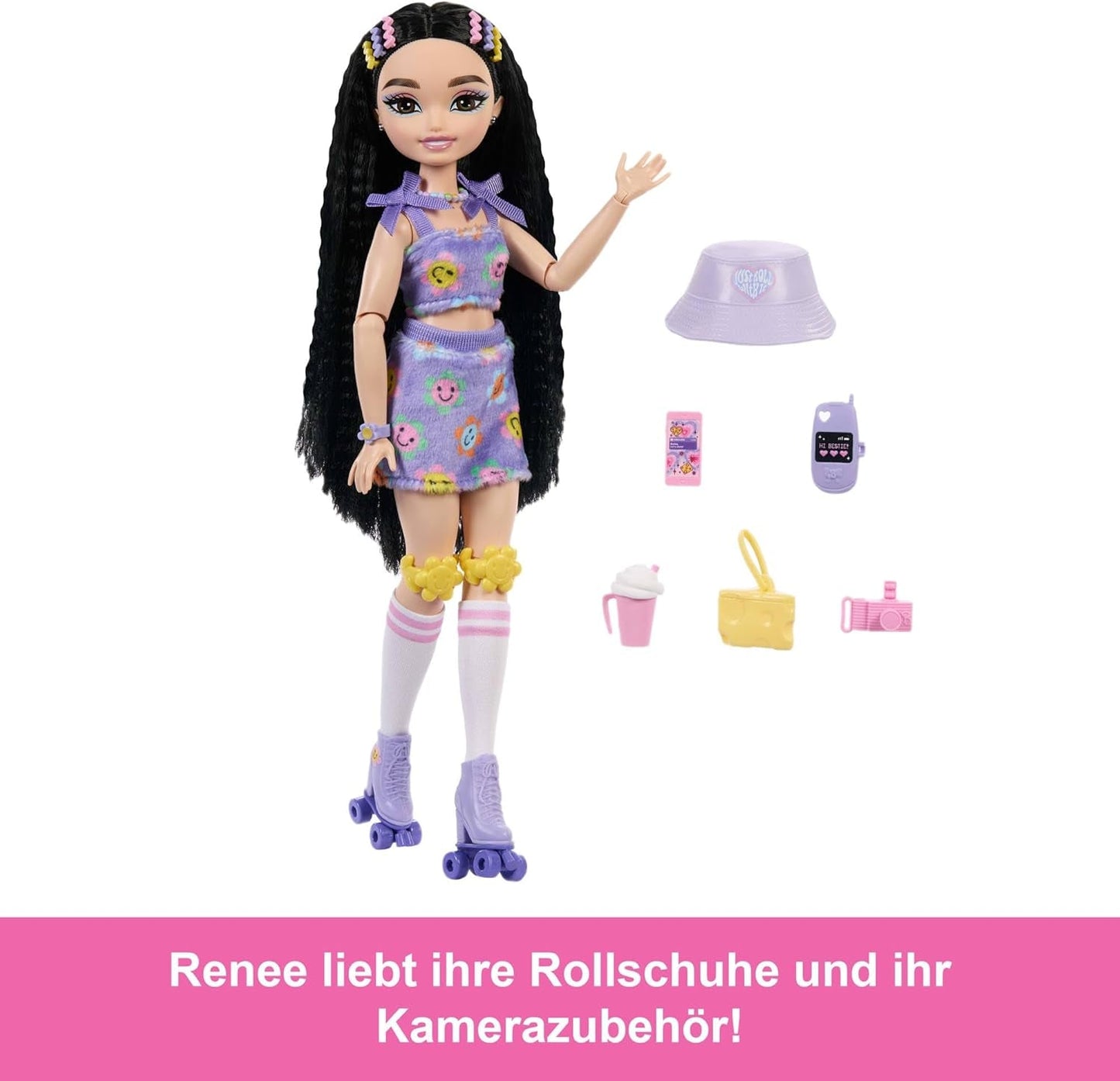 Muñeca Barbie Dream Besties y accesorios, muñeca Barbie Renee de moda con patinaje sobre ruedas y pelo negro, 12 accesorios temáticos con vídeos y comida, JFX99