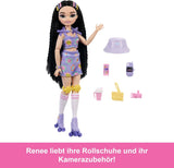 Muñeca Barbie Dream Besties y accesorios, muñeca Barbie Renee de moda con patinaje sobre ruedas y pelo negro, 12 accesorios temáticos con vídeos y comida, JFX99