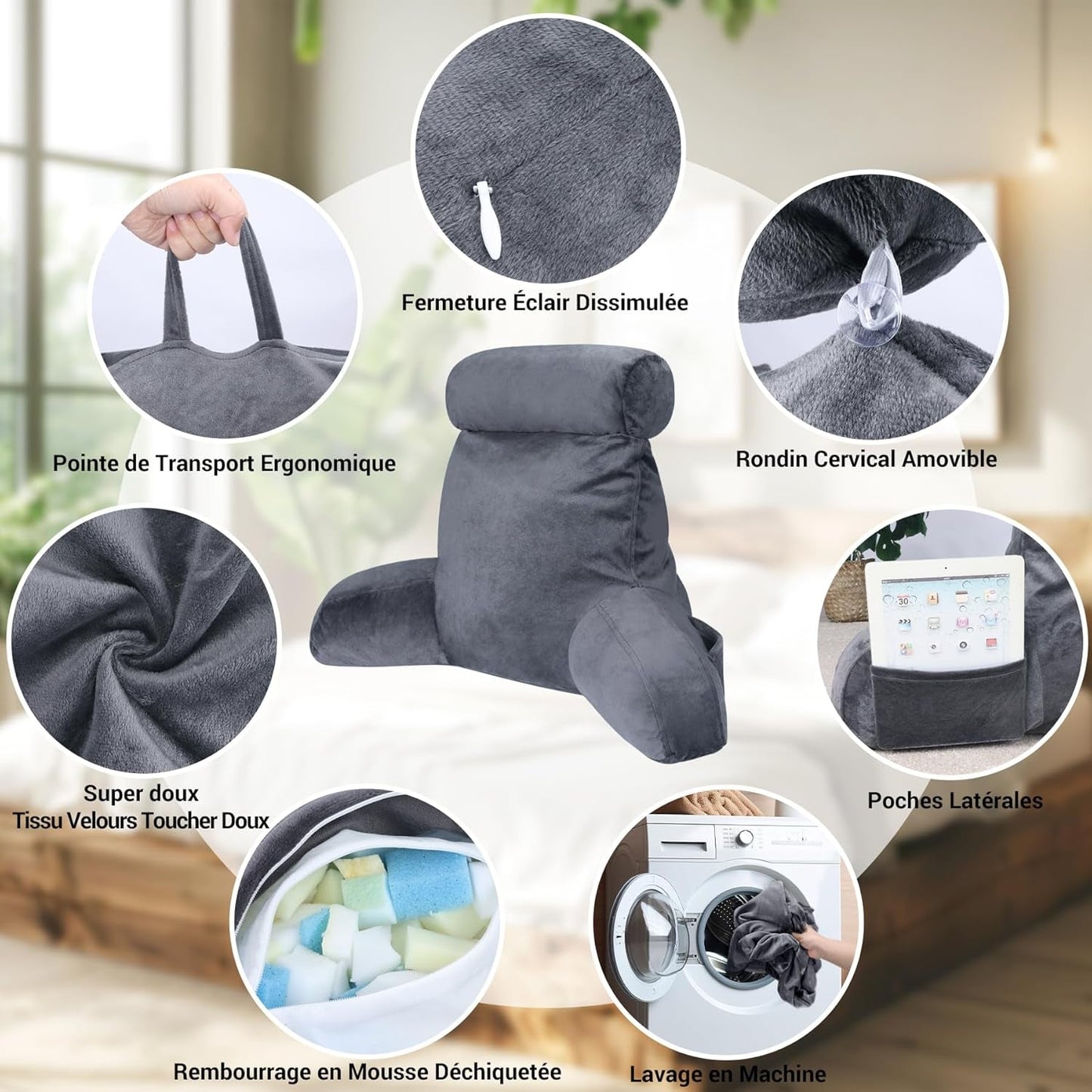 INFANZIA almohada de lectura ergonómica con reposabrazos, respaldo viscoelástico, gris, M