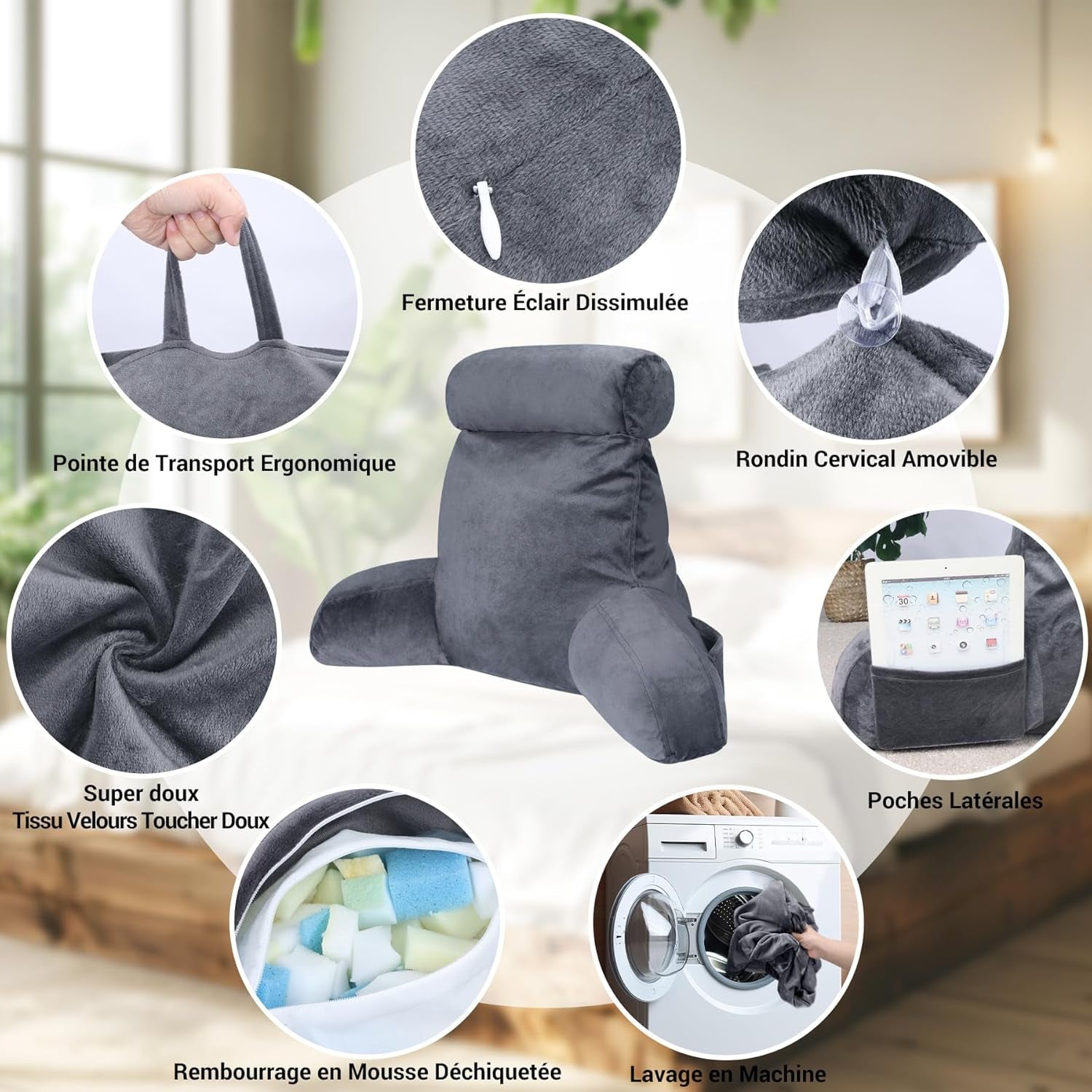 INFANZIA almohada de lectura ergonómica con reposabrazos, respaldo viscoelástico, gris, M