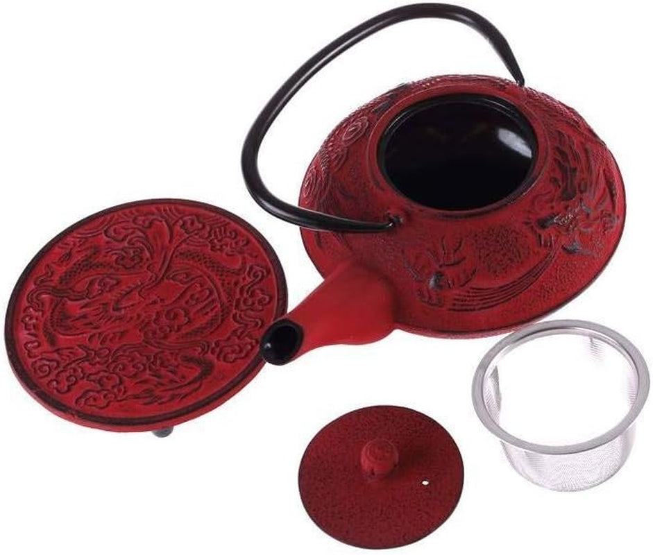 – Juego de Té Dragón Chino – 1 Tetera, 4 Tazas de Hierro Fundido y Colador de Té – Capacidad 0,8L – Decoración Asiática Japonesa – Idea de Regalo para Vajilla Japonesa – Color Rojo