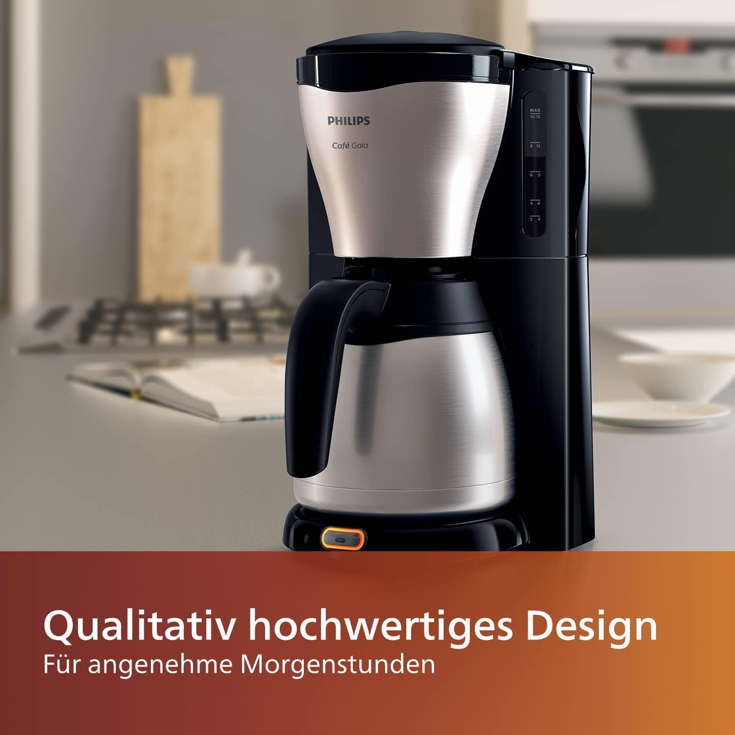 PHILIPS Café Gaia Cafetera Espresso con Filtro - Jarra Termo de Acero Inoxidable, Sistema Antigoteo, Aroma Intenso, Apagado Automático, 1300ml, Negra (HD7546/20)