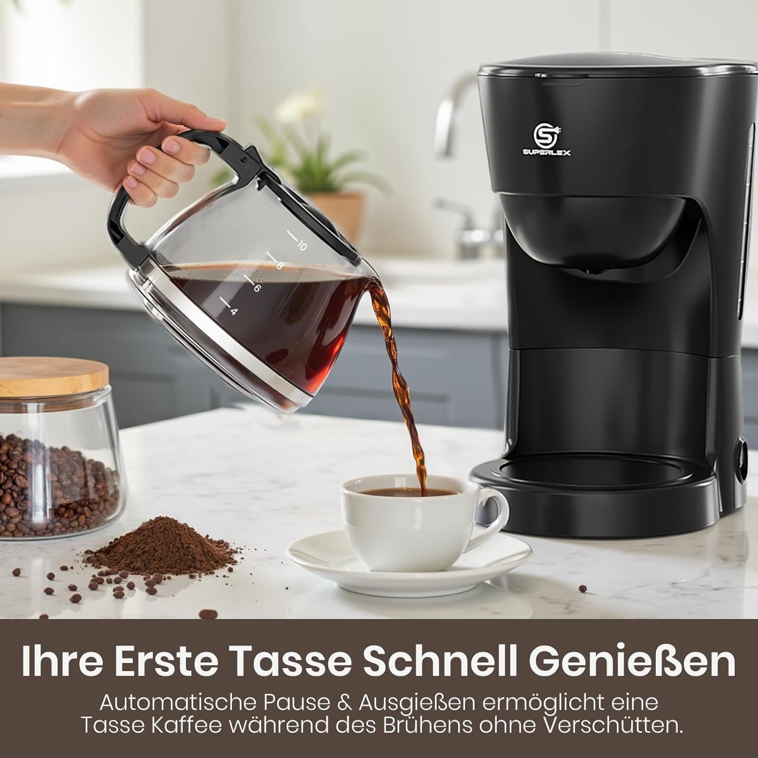 Cafetera de filtro de 1,25 L para 10 tazas de café filtrado, jarra de cristal apta para lavavajillas, termo, sistema antigoteo, apagado automático, 600 W, protección contra ebullición sin agua para el hogar y la oficina