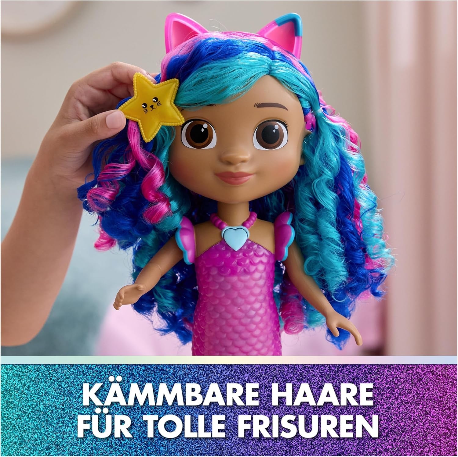 CASA DE MUÑECAS DREAMWORKS GABBY – Sing & Shine Meerjungfrau Gabby, muñeca grande de 35 cm con efectos de luz y sonido, estilo alemán, para niños de 3 años