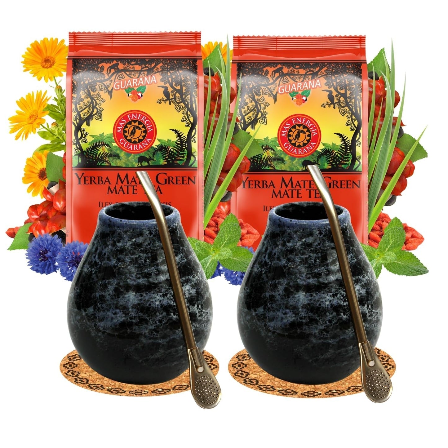 Juego de té Yerba Mate para 2 personas – Mas Energia Guaraná 400 g – Taza de cerámica Marmol Blue 350 ml – Bombilla de acero inoxidable 19 cm – Té a granel 2 x 200 g