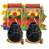 Juego de té Yerba Mate para 2 personas – Mas Energia Guaraná 400 g – Taza de cerámica Marmol Blue 350 ml – Bombilla de acero inoxidable 19 cm – Té a granel 2 x 200 g