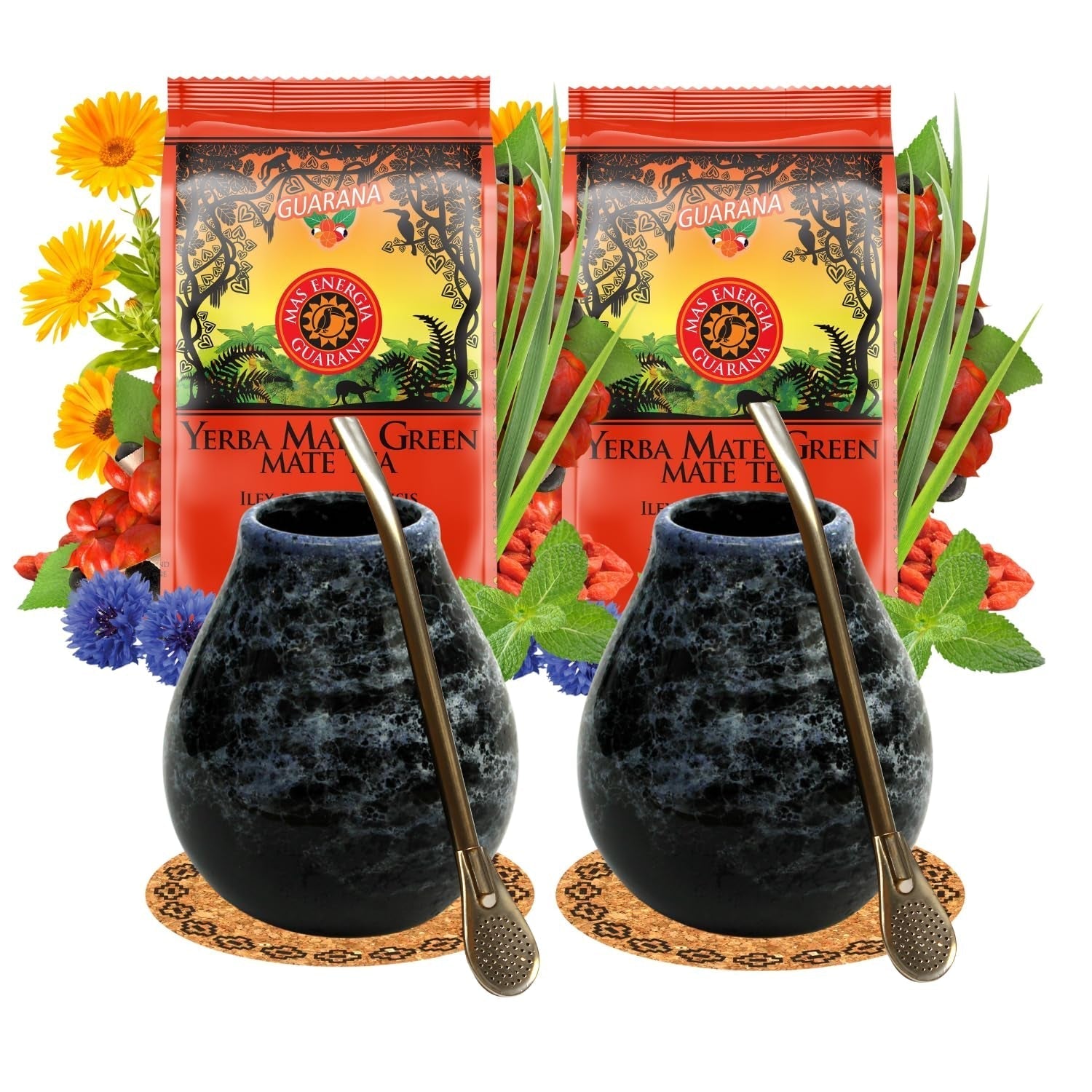 Juego de té Yerba Mate para 2 personas – Mas Energia Guaraná 400 g – Taza de cerámica Marmol Blue 350 ml – Bombilla de acero inoxidable 19 cm – Té a granel 2 x 200 g